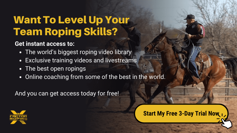 Image of two men riding horses and roping, and text promoting X Factor Roping membership.