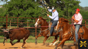 Two men practicing team roping in an open area.