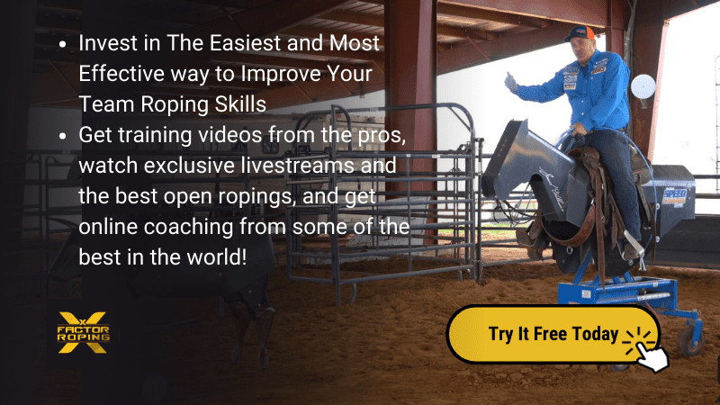 A man riding a calf dummy in background, and a call to action button promoting Free X factor Team Roping Trial.